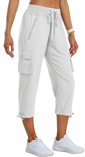 MoFiz Pantalones Cargo Mujer Capri Pantalón 3/4 Largo Ligero Verano Outdoor Pantalones de Senderismo Transpirable con Bolsillo Cremallera Blanco M