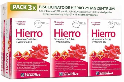 Pack 3 x Bisglicinato de Hierro 29 mg Zentrum | Con Vitamina C, B12 y Ácido Fólico | Alta absorción y tolerancia digestiva | Reduce cansancio y fatiga | 3 x 45 cápsulas veganas
