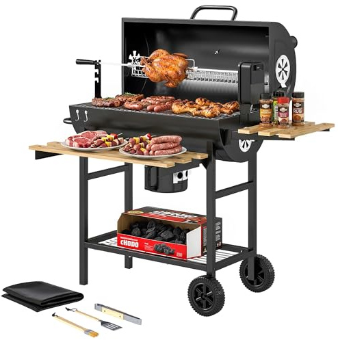 Outsunny Holzkohlegrill mit Heizrost, klappbaren Ablagen, Thermometer, Rädern, elektrischer Drehspieß, 3 Haken und Schutzhülle, schwarz