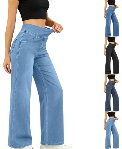 Women's Wide Leg Jeans Elastic Waist Pull On Denim Pants High Waisted Stretchy Loose Fit Tummy Control Jeans(Blue,L)