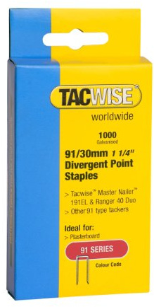 Tacwise 0289 Grapas de Corona Estrecha Galvanizadas 91/30 mm, Caja de 1000 | Punta Divergente