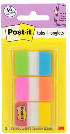 Post-it Flikar, 1 tum fast, aqua, gul, rosa, r d, gr n, orange, 6/f rg, 36/dispenser (686-ALOPRYT)