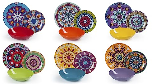 Excelsa Mandala Etno Servizio Piatti 18 Pezzi, Porcellana, Multicolore
