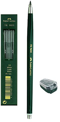 Faber-Castell 139412 - Fallminenstift TK 9400, Minenstärke: 2 mm, Härtegrad: 2H, Schaftfarbe: grün (Stift + Spitzer + 10 Minen)