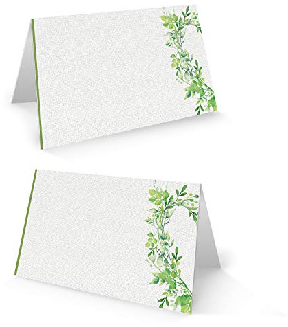 Namensschilder Herz Blätter, 100er Set: Tischkarten Hochzeit, Geburtstag, Taufe, Konfirmation & Kommunion, Platzkarten zum Beschriften, Hochzeitsdeko Tisch, Grün Weiß, Kärtchen Tischdeko, 8,5 x 5,5 cm