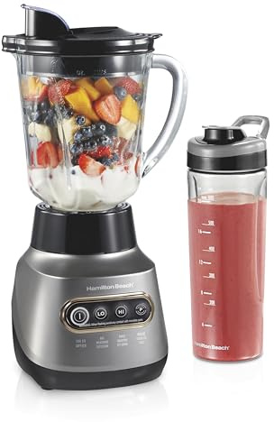 Hamilton Beach Wave Action Blender for Smoothies, Stainless Steel Ice Sabre Blades, 40oz Glass Jar, 20oz Blend-In Portable Travel Jar, 800 Watts, Quiet Design, Silver (58181)