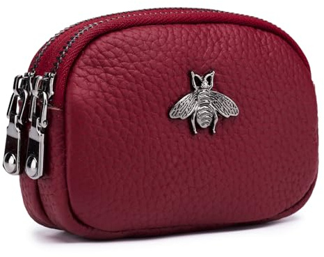 imeetu Women Leather Coin Purse, Small 2 Zippered Change Pouch Wallet(Red)