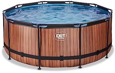EXIT Toys Wood Pool - ø360x122cm - Großer, Runder Rahmenpool mit Sandfilterpumpe - Extra tiefer Pool - Starker Rahmen - Inklusive Poolleiter - Einzigartiges Design - Braun