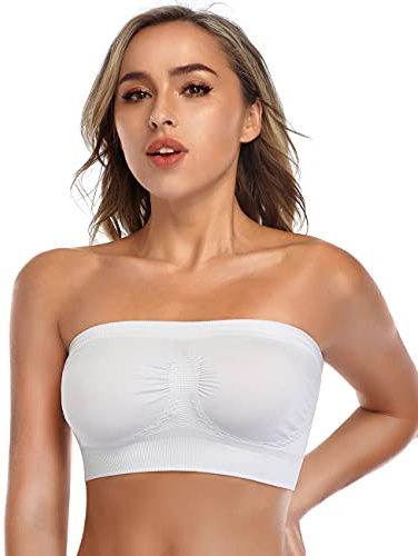 ANGOOL Bandeau Bra Seamless Non Padded Strapless Bra Boobtube Style Stretch Basic Layer Soft Bralette, White, L Fit 36D 40B 40C