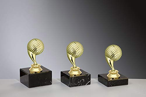 Henecka ⛳️ Golf Pokal, Golf-Trophäe, Golf-Schraubfigur Golfball Gold, Marmorsockel schwarz, mit Wunschgravur, wählbar in 3 Größen oder als 3er-Serie (Sockel 70 x 40 mm)
