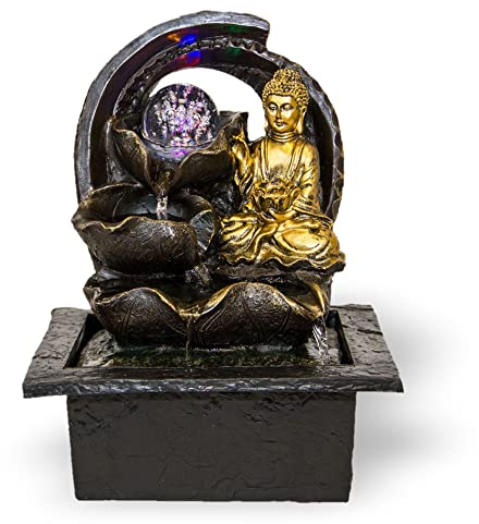 Zimmerbrunnen mit Buddha Gyan| Tischbrunnen mit LED Beleuchtung | dekorativer Zierbrunnen mit Feng Shui Elementen | Springbrunnen mit Wasserfall und beweglicher Glaskugel