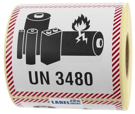 Labelident Lithium-Ionen-Batterien Transportaufkleber UN 3480, 100 x 100 mm, 500 Etiketten aus Papier auf Rolle, Gefahrgutaufkleber für Versand