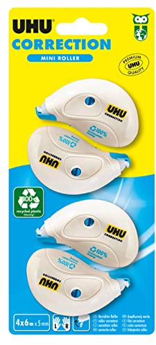 UHU Korrekturroller Mini – schnelles, sauberes und präzises Korrekturband, weiß, 4 Stück, 6 m x 5 mm