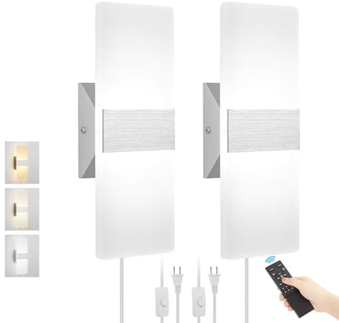GOODATE Plug in Wall Sconces with Stepless Adjustable 3000K-6500K Colors and 10%-100% Brightness, Sconces Wall Lighting with Remote Control 12W Acrylic LED Wall Lamp with 6FT Plug in Cord, 2 Pack