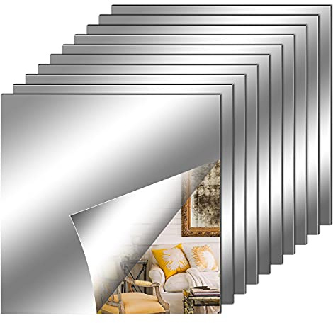 Leikedun 10 Pezzi Adesivi da Parete a Specchio, Specchio Flessibile Adesivo | fogli in materiale morbido Non Vetro Specchio Piastrelle Parete appiccicoso Specchio per Decorazioni Murali Casa (30 x 30 cm)