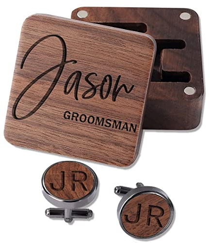 ANQIYI Personalisierte Hochzeit Manschettenknöpfe für Bräutigam Trauzeuge, Schwarze Holz Manschettenknöpfe für Männer, Geschenke für Papa Ehemann mit Box, Brauch Name Datum Text