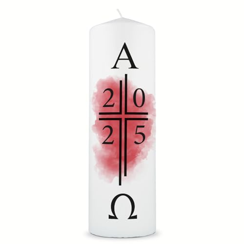 GRAVURZEILE Bedruckte Kerze - Osterkerze Alpha & Omega 2025 - Christliche Kerze mit Alpha & Omega Motiv als Geschenk - Hochwertige Stumpenkerze 250/80 mm - Geschenkidee zu Ostern Ostergeschenk