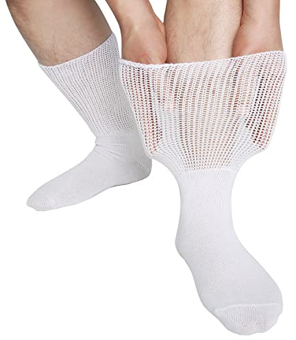 NIIRKIIR Diabetic Socks for Men Women Loose Fit Non-Binding Seamless Cuff Extra Wide Cotton Crew Socks 4 Pairs Black White (10-13, White 4 Pack)