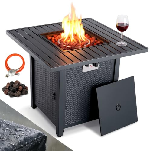 TLSUNNY Feuertisch 30 Zoll, Gas Feuerstelle Outdoor 14,5 kW für Garten | Mit Lavasteinen, Wasserfeste Schutzhülle, Tischplatte, 76*76*64 cm, Gas feuerschale Terrasse, Gaskamin, Esstisch & Heizung
