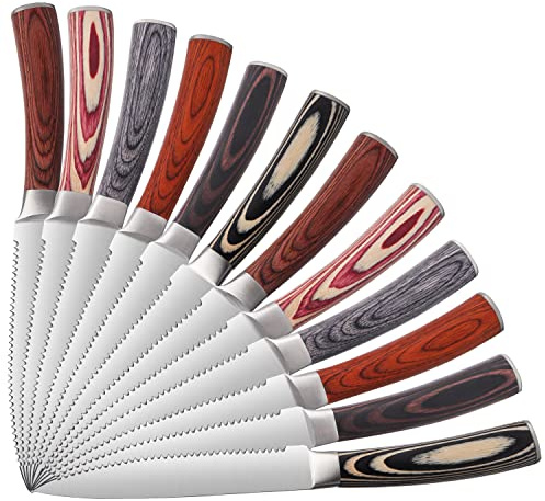 LUVCOSY Pakkawood Steak Knives Set of 12, 12PCS Set of Stainless Steel Serrated Steak Knives with Pakka Wood Handle, Fine Edge Dinner Knife Set with Gift Box for Home Party