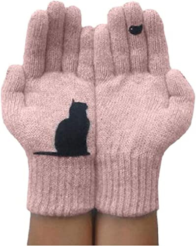 Sobeta Katzenfächer Baumwollhandschuhe, Katze Vogel Druck Winter Outdoor Warm Wollhandschuhe Cartoon Katze Niedliche Strickhandschuhe für Frauen zum Radfahren Fahren Laufen (Rosa)
