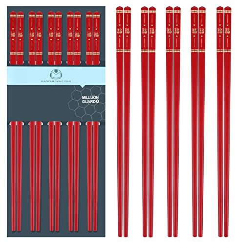 5 Pairs Fiberglass Red Chopsticks-Reusable Chopsticks Dishwasher Safe, 9.57 inch/24.3cm Matte Non-Slip Family/ Hotel/ Restaurant Chop Sticks, Chinese Japanese Gift Set Chop Sticks (福-Hot Red)
