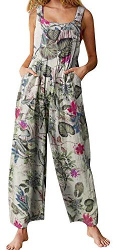 YILEEGOO Salopette da donna in cotone e lino, stile casual, con pantaloni larghi a gamba larga
