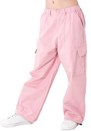 Rolanko Pantalon Cargo pour Filles, Pantalon Baggy en Coton à Taille Elastiquée avec Plusieurs Poches pour Les Enfants de 6 à 15 Ans, Rose, Taille: 160