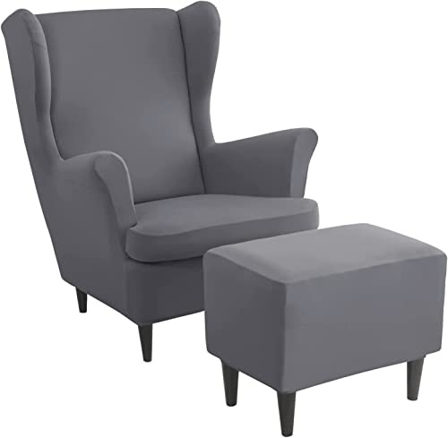 Ohrensessel überzug mit Hocker Bezug, 2 Teilig Sessel-Überwürfe+1 Teilig Ottomane Schonbezug, Beige/Grün/Rosa/Blau Ohrensessel Schonbezüge Sesselhusse Stretch Tiger Stuhlbezug mit Armlehne ( Color : #