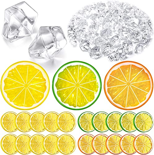 MUYAPAY 20 Stück Künstliche Zitronenscheiben, 200 Stück Klare Gefälschte Crush-Eiswürfel, Künstliche Früchte und Acryl-Diamant-Klares EIS für Party-Festival-Dekoration, Fotografie-Requisiten