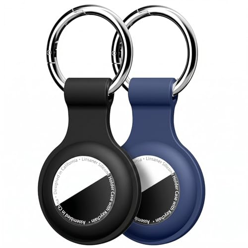 【2-pack】 Linsaner kompatibel med AirTag-fodral nyckelring lufttagg hållare silikon AirTags nyckelring fodral taggar kedja Apple AirTag GPS-artikelsökare tillbehör, svart + blå
