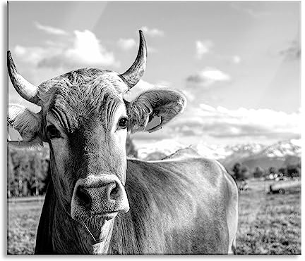 Neugierige Kuh auf Weide im Allgäu, Monochrome Herdabdeckplatte & Spritzschutz aus Echtglas | Für Herd-Kochfelder | 60x52 cm
