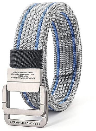 MeiLiSis Gürtel Mit Doppel-D-Ring-Schnalle – Grau-Blau Gestreifter Freizeitgürtel Aus Kunstnylon-Canvas Für Männer Und Frauen, Street-Style-Gurtband, Quadratische Doppelring-Schnalle, Blau, 140 cm