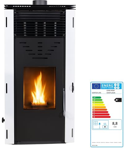 EIDER BIOMASA Estufa de Pellets CERO R.E.M. VENTILADA – 11 kW – Funcionamiento sin Electricidad – Tolva 15 kg – Hasta 200 m³ – Cristal Limpio – Consumo 1,40–1,90 kg/h – Clase Energética A+