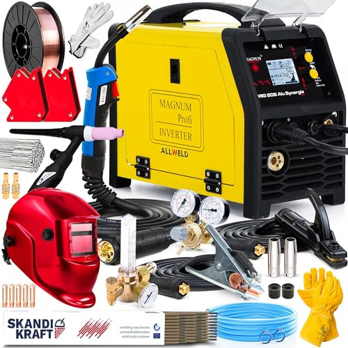 Magnum MIG 208 ALU LCD - Saldatrice a Filo Continuo con Gas 3 in 1 - Filo Animato e Sinergia, Induttanza - Saldatura: MIG/MAG, MMA e TIG LIFT - Tecnologia IGBT - Set Professional