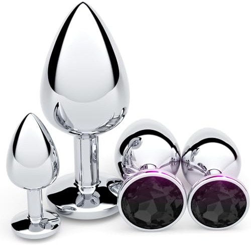 Set di 4 plug anali – plug in metallo extra piccolo, piccolo, medio e grande con cristallo diamante, giocattolo sessuale igienico per donne, uomini e coppie, adatto per principianti e esperti (nero)