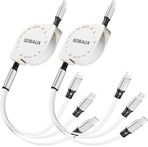 SDBAUX 2-Pack USB C to Multi Retractable Cable 4 in 1, 3A Standard Charging | Type C to with iP/Type C/Micro USB 3 Ports, for iPhone, Samsung Galaxy, Moto, Xiaomi, LG, Sony, Headset, Power Bank-1M White.