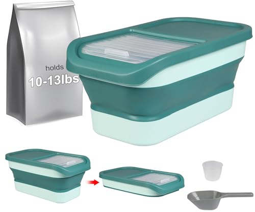 Taylor & Brown 15 Lbs Collapsible Airtight Pet Food Storage Container With Measuring Cup & Plastic Scoop Treats For Pet Dog Cat Animal Dry Food Dispenser (Green)