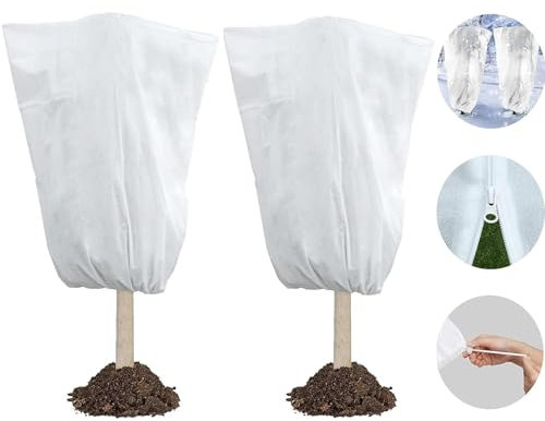 pobuu Plant Covers Freeze Protection, 2 Pack 150x150CM Garden Fleece Bags Plant Frost Protection Cover with Zipper Drawstring for Outdoor Winter Plants Potted Fruit Trees Shrubs Jacket Covers