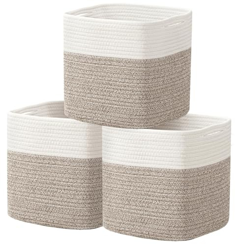 UBBCARE Cubi portaoggetti, 28 x 28 x 27,9 cm, contenitori cubici per organizzare, confezione da 3 cestini in corda di cotone con manici, cesti portaoggetti per scaffali, armadi, contenitori per