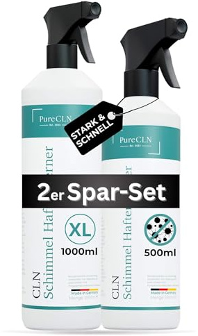 PureCLN Profi Anti-Schimmel-Spray mit Sofortwirkung & Hafteffekt, 1000ml + 500ml Sparset – Schimmel entfernen in nur 15min – Schimmelentferner für Bad, Fugen, Tapete & Wand - ideal für große Flächen