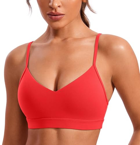 CRZ YOGA Butterluxe V-ringad sport-BH för kvinnor - Justerbara tunna axelband Vadderad yogatopp Basic Bygellös linne Deep Red M