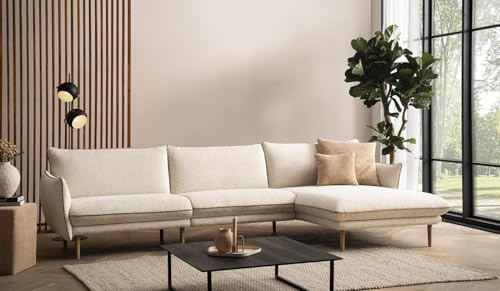 DOMO. collection Ecksofa Montes, Taschenfederkern, Creme | Longchair rechts mit Taschenfederkern, bodenfreies Design auf Holzfüßen, 315 x 159 x 86 cm (BxTxH)