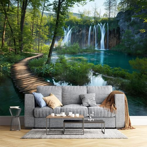 JEDTAKCT Papier Peint Panoramique Pont En Bois Vue Lac 400X280Cm - Photo Décoration Murale – Papier Peint Mural Pour Cuisine Chambre, Salon, Fond Tv - Forêt - Revêtement Mural
