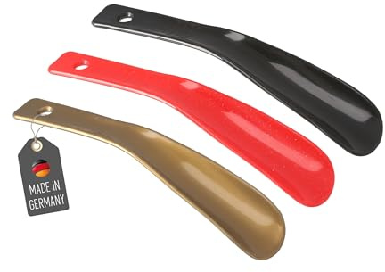 Lantelme 3 Stück Schuhanzieher 18,5cm im Set in Deutschland Farben Schwarz Rot Gold | Plastik Schuhlöffel klein und stabil | Kunststoff Schuhanziehhilfe mit Öse für Zuhause und Reise (BRD)