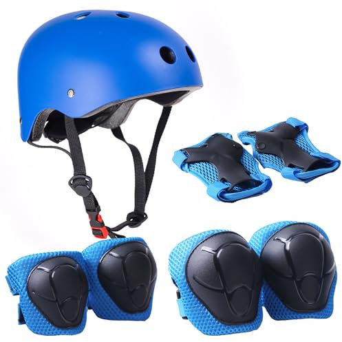 Knieschoner Kinder mit Helm, Fahrradhelm Kinder 3-10 Jahre, Knieschützer Inliner Schutzausrüstung für Inliner Skateboard Fahrrad Rollschuh (blau)