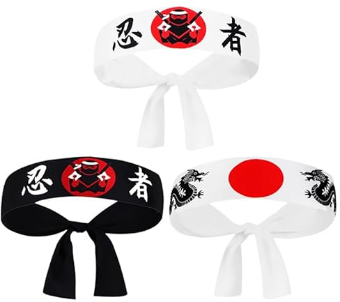 VALICLUD Lot de 3 bandeaux ninja pour karaté, style samouraï, japonais, en polyester, respirants, pour le sport, le quotidien et les événements à thème