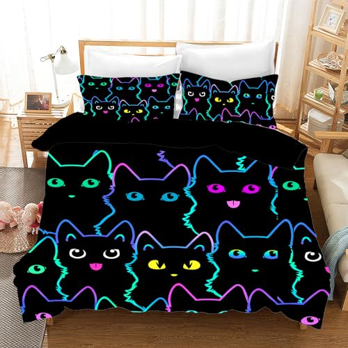 UGZDEA Cat Bed Linen Set, Cute 3D Pet Cat Soft Microfibre Quilted Board Set Girls Boys Children Bedding with Duvet Cover and Pillowcase (F, Double（200x200cm）)
