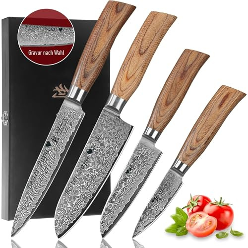 Wakoli EDIB Pro Damastmesser Set mit Gravur – Personalisiertes 4er Messerset, 17 cm, 16 cm, 11 cm & 8 cm Klingen aus 67 Lagen Damaststahl (VG10-Kern), ergonomische Pakkaholzgriffe – in Holzbox