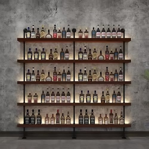 TYHAYJYK Botellero Industrial de Pared, estantes flotantes de Metal rústico de 5 Niveles, Gran Capacidad para Botellas de Licor, Ideal para Bar y Comedor, Nogal (sin Luces, 200 cm)